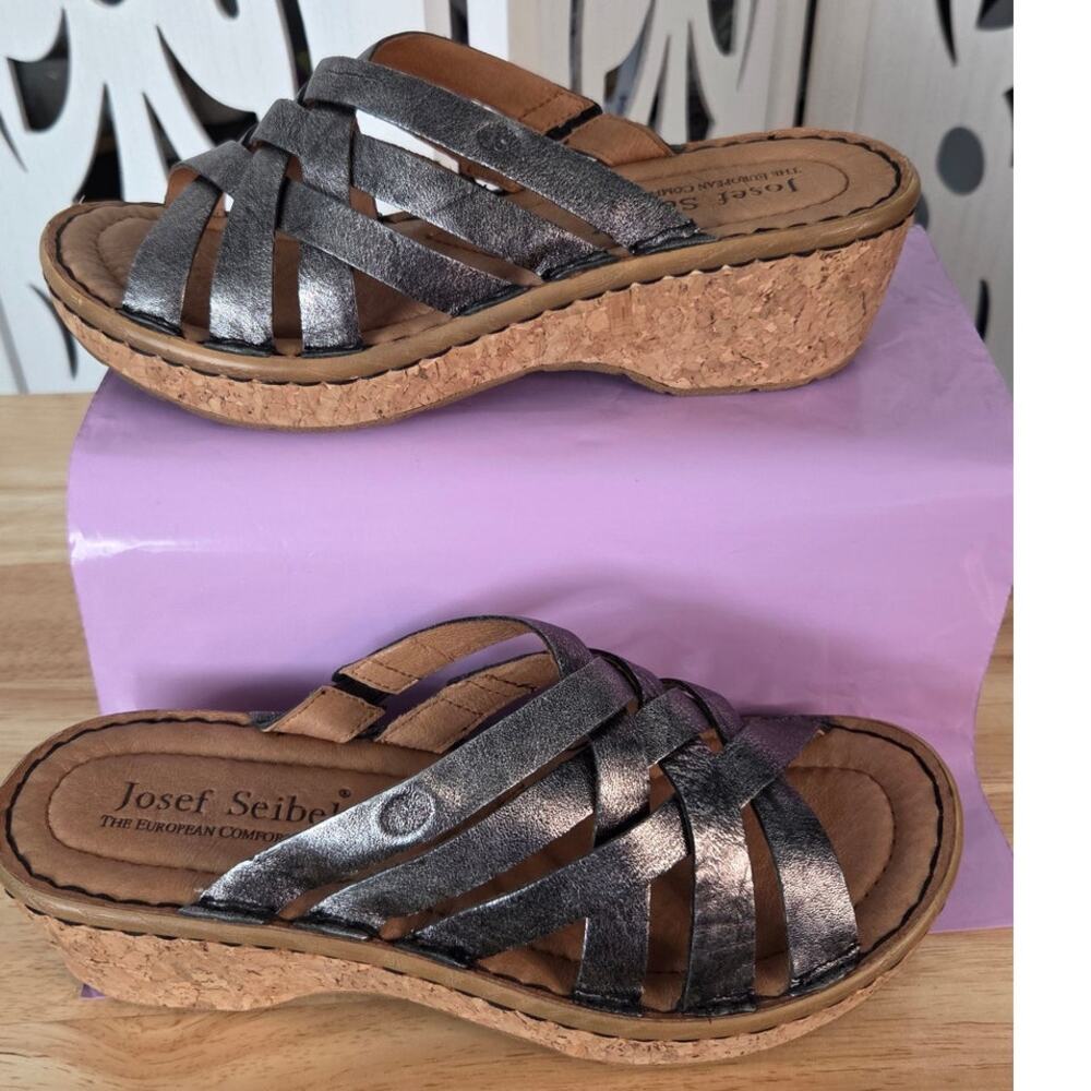 Josef Seibel Womens EU 37 US 6.5-7 Metallic Leather Cork Wedge Slide Sandals